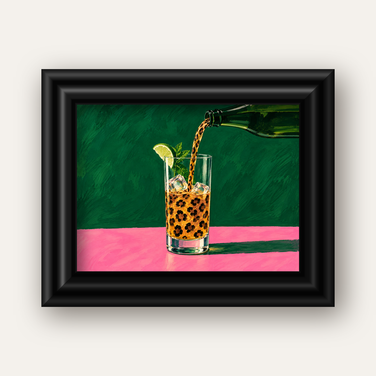 Leopar Desenli Limonlu İçecek Poster – Canlı Akrilik Sanat — siyah galeri çerçeveli