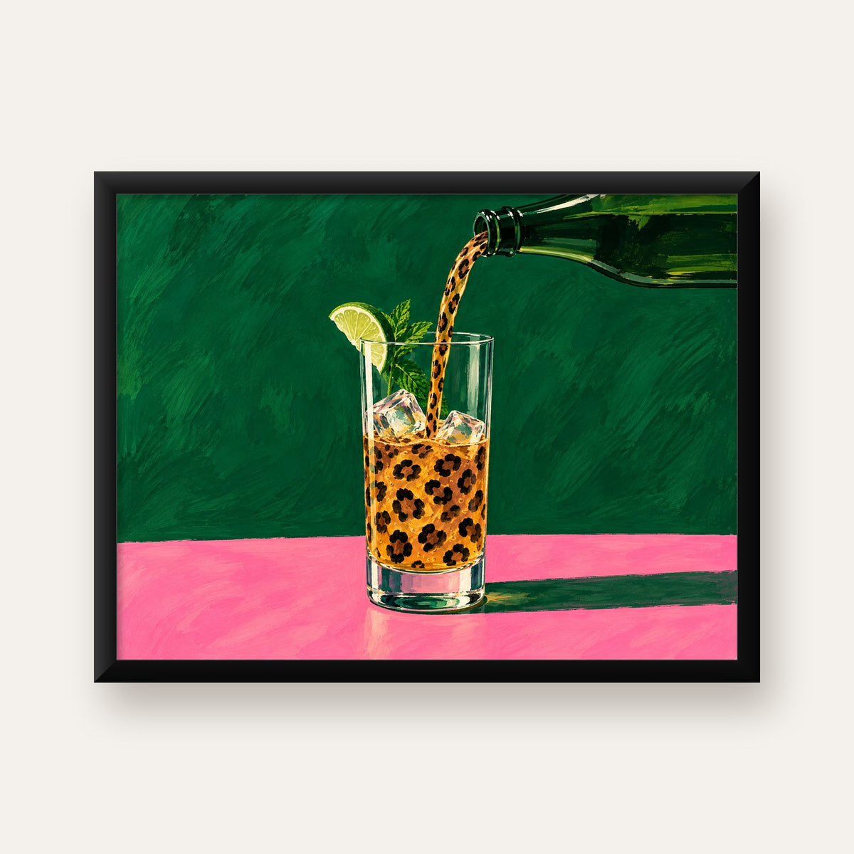 Leopar Desenli Limonlu İçecek Poster – Canlı Akrilik Sanat — Yatay baskı, düz siyah çerçeveli duvar posteri