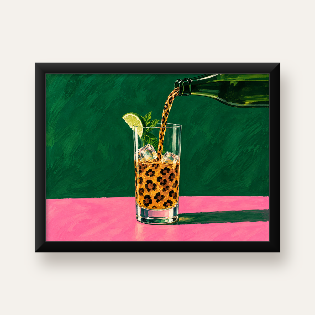 Leopar Desenli Limonlu İçecek Poster – Canlı Akrilik Sanat — Yatay baskı, düz siyah çerçeveli duvar posteri