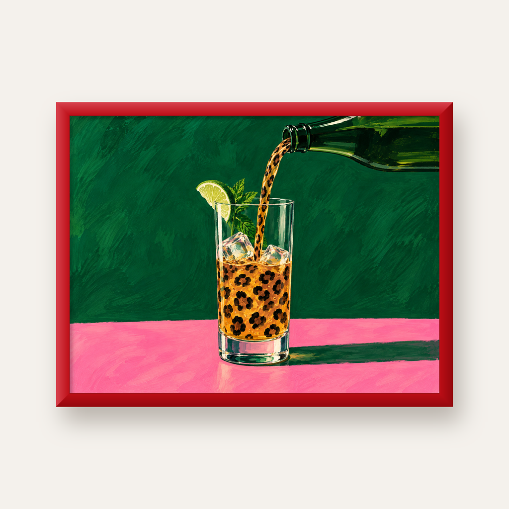 Leopar Desenli Limonlu İçecek Poster – Canlı Akrilik Sanat — kırmızı çerçeveli