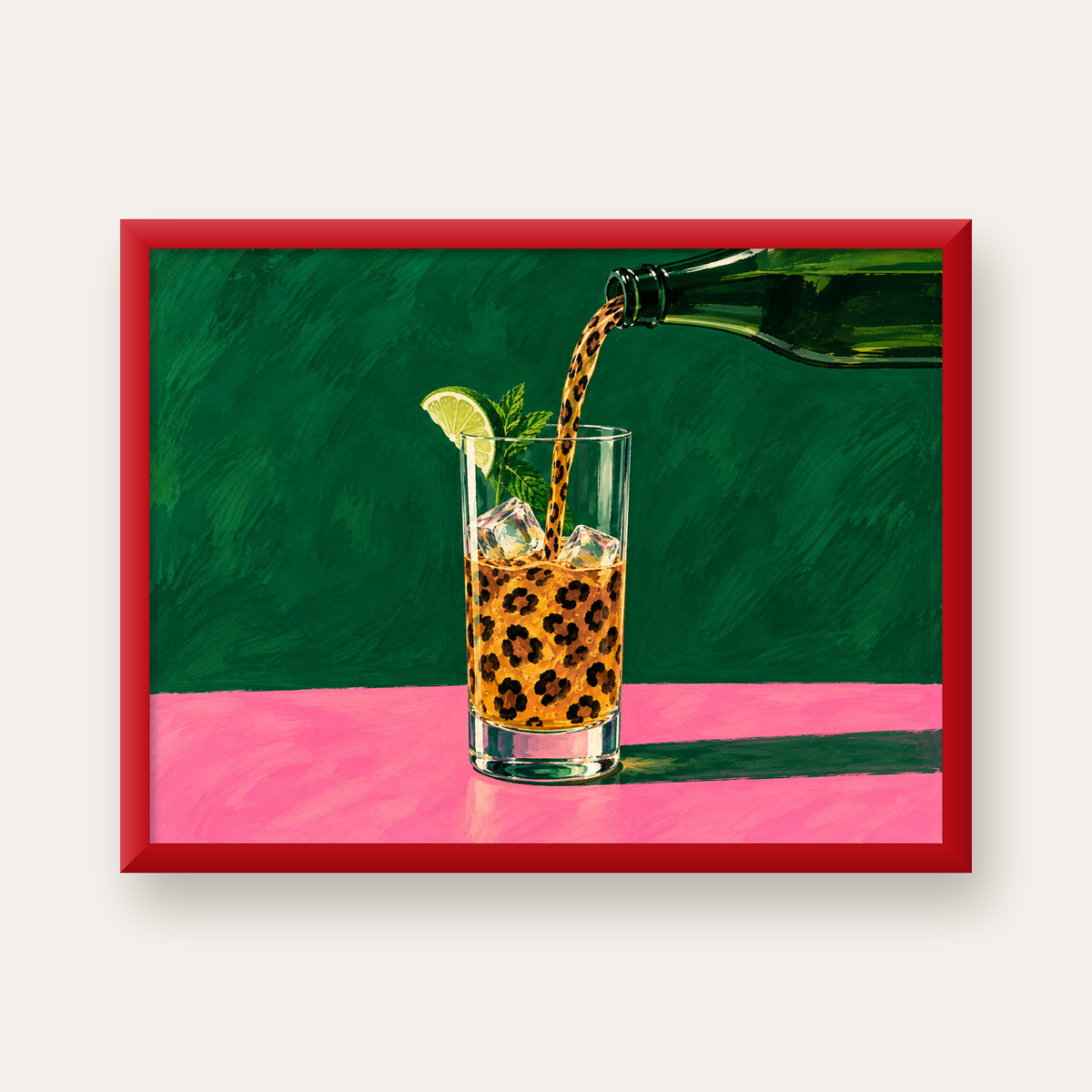Leopar Desenli Limonlu İçecek Poster – Canlı Akrilik Sanat — kırmızı çerçeveli