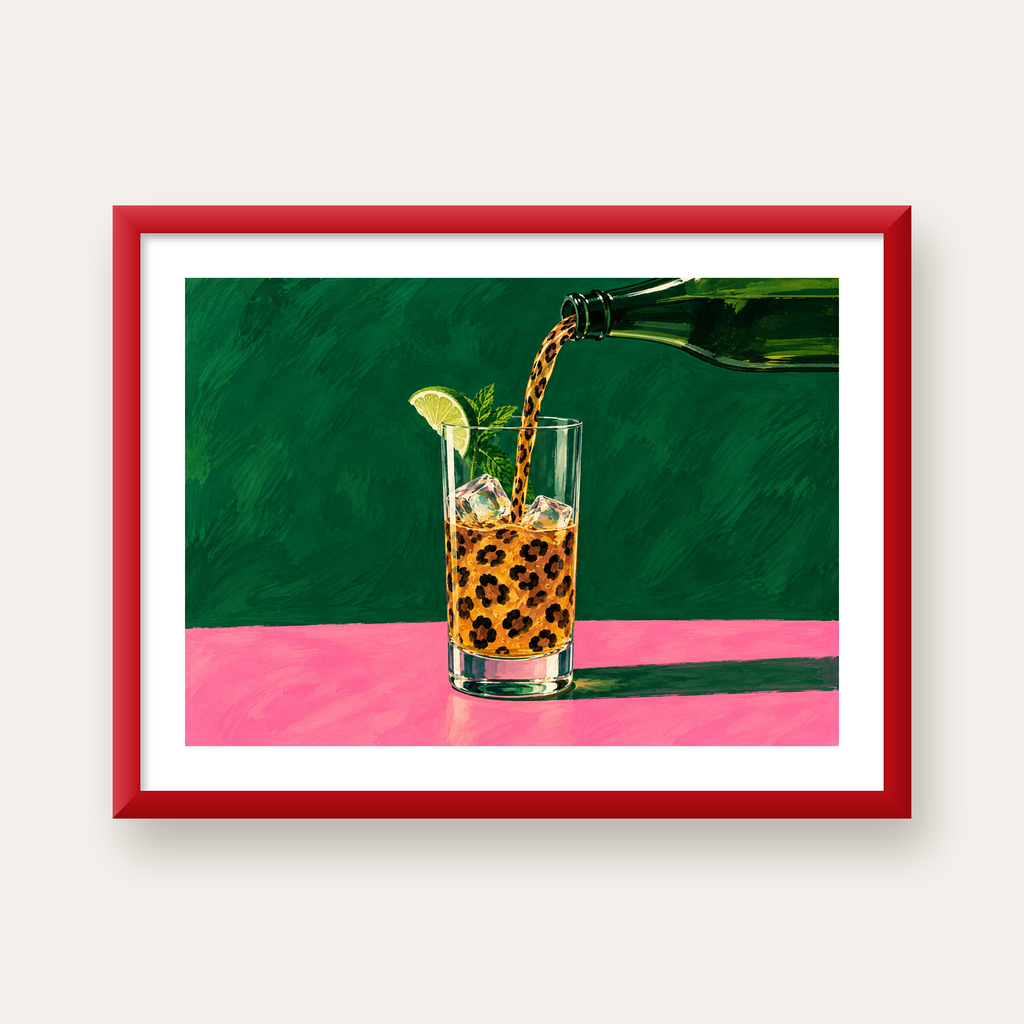Leopar Desenli Limonlu İçecek Poster – Canlı Akrilik Sanat — kırmızı çerçeveli paspartulu