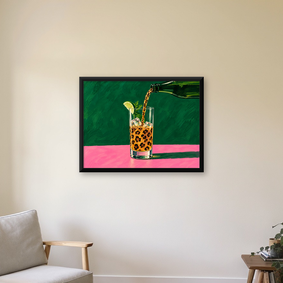 Leopar Desenli Limonlu İçecek Poster – Canlı Akrilik Sanat — Yatay baskı, çerçeveli hâliyle bir ev duvarında