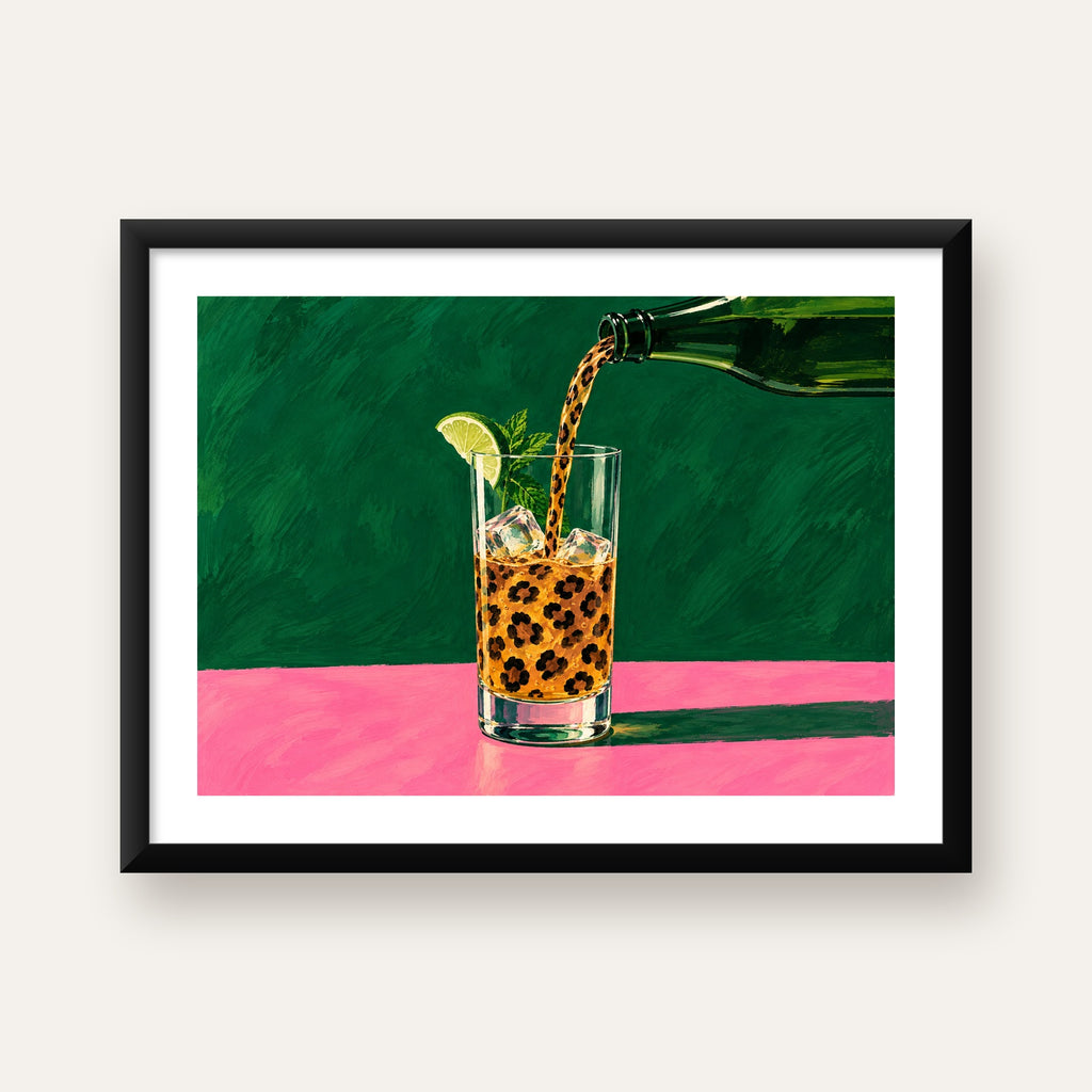 Leopar Desenli Limonlu İçecek Poster – Canlı Akrilik Sanat — Yatay baskı, beyaz paspartulu