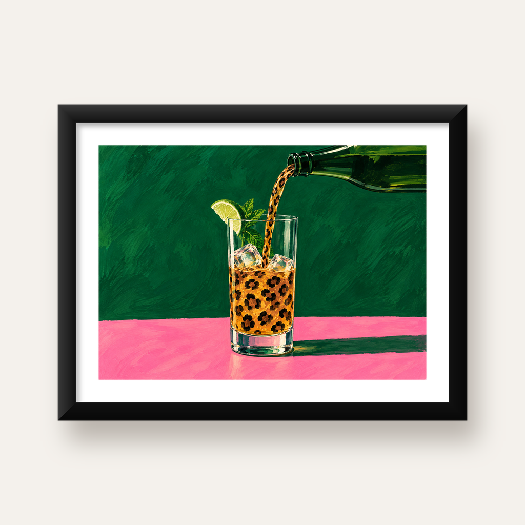 Leopar Desenli Limonlu İçecek Poster – Canlı Akrilik Sanat — Yatay baskı, beyaz paspartulu