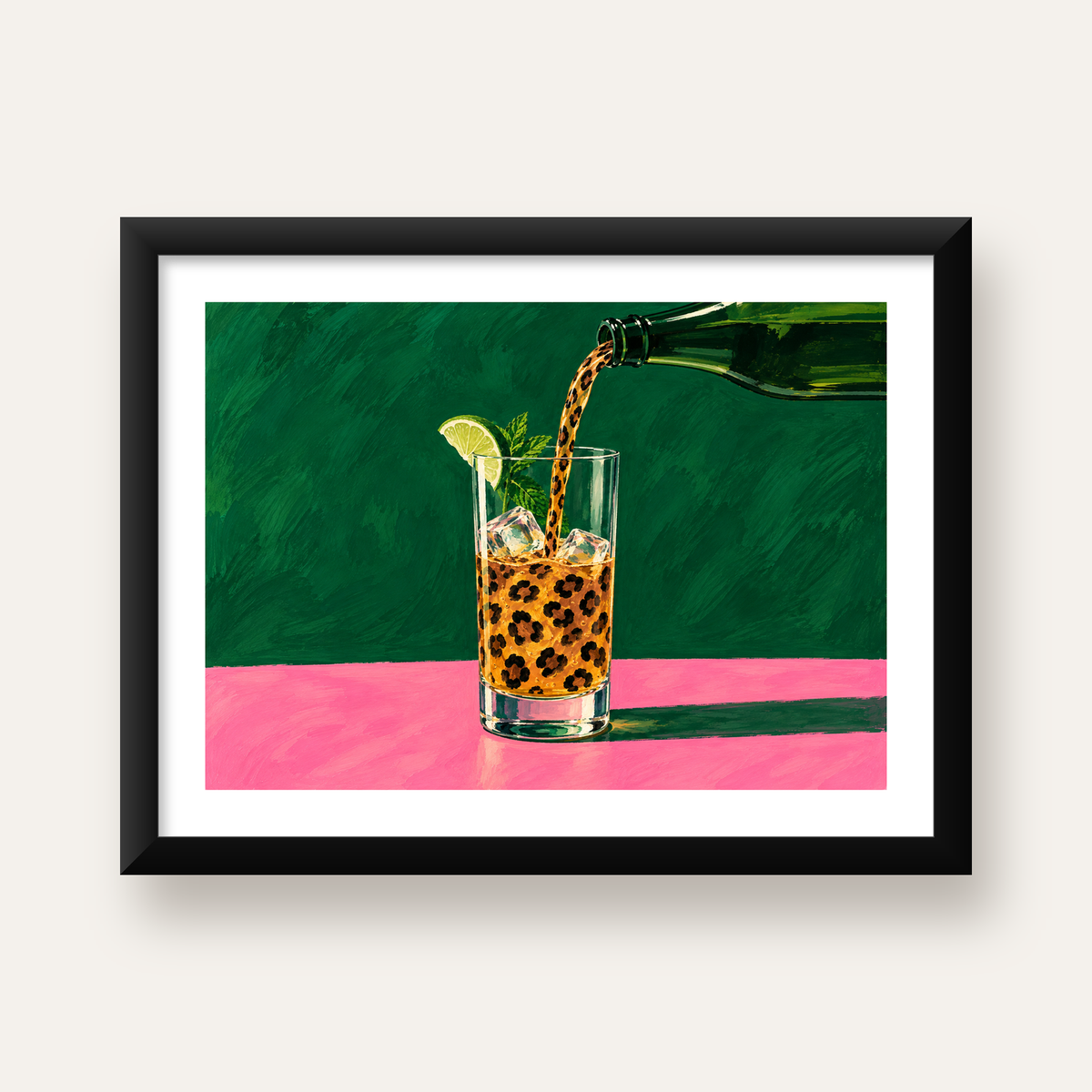 Leopar Desenli Limonlu İçecek Poster – Canlı Akrilik Sanat — Yatay baskı, beyaz paspartulu