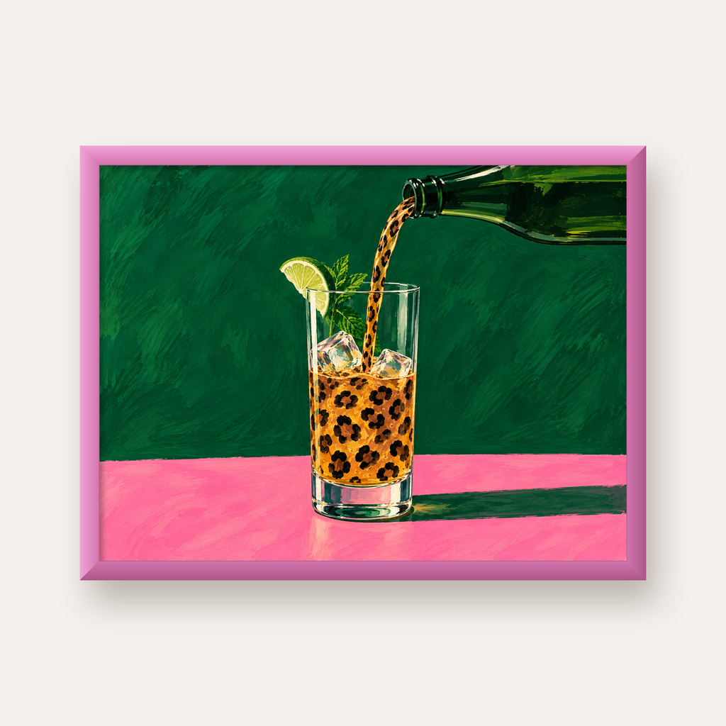 Leopar Desenli Limonlu İçecek Poster – Canlı Akrilik Sanat — pembe çerçeveli