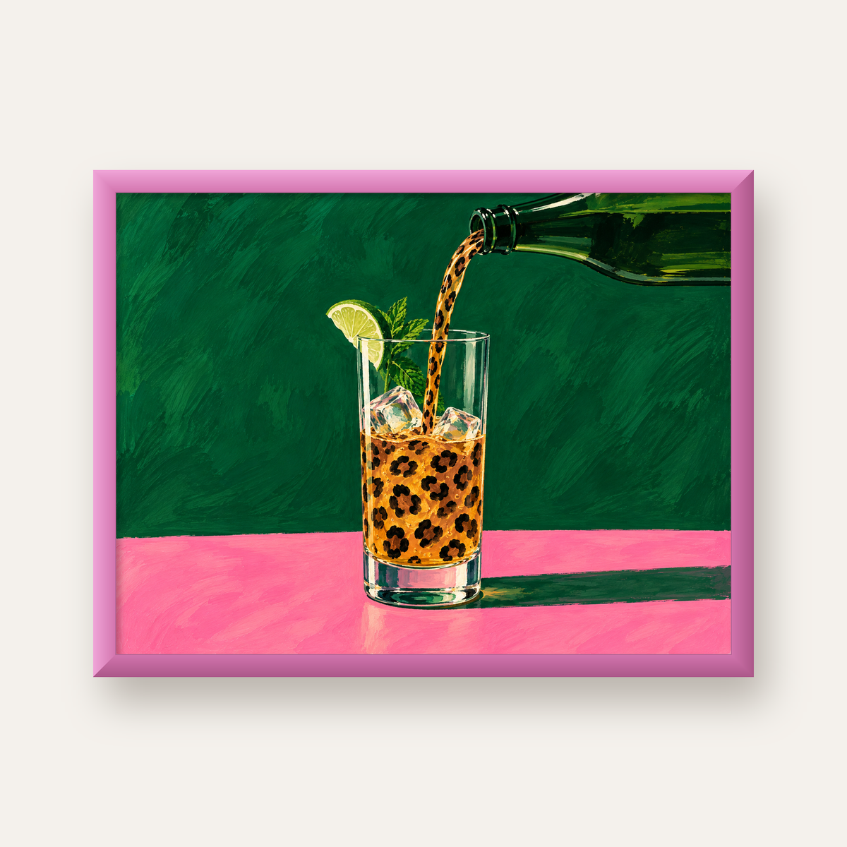 Leopar Desenli Limonlu İçecek Poster – Canlı Akrilik Sanat — pembe çerçeveli