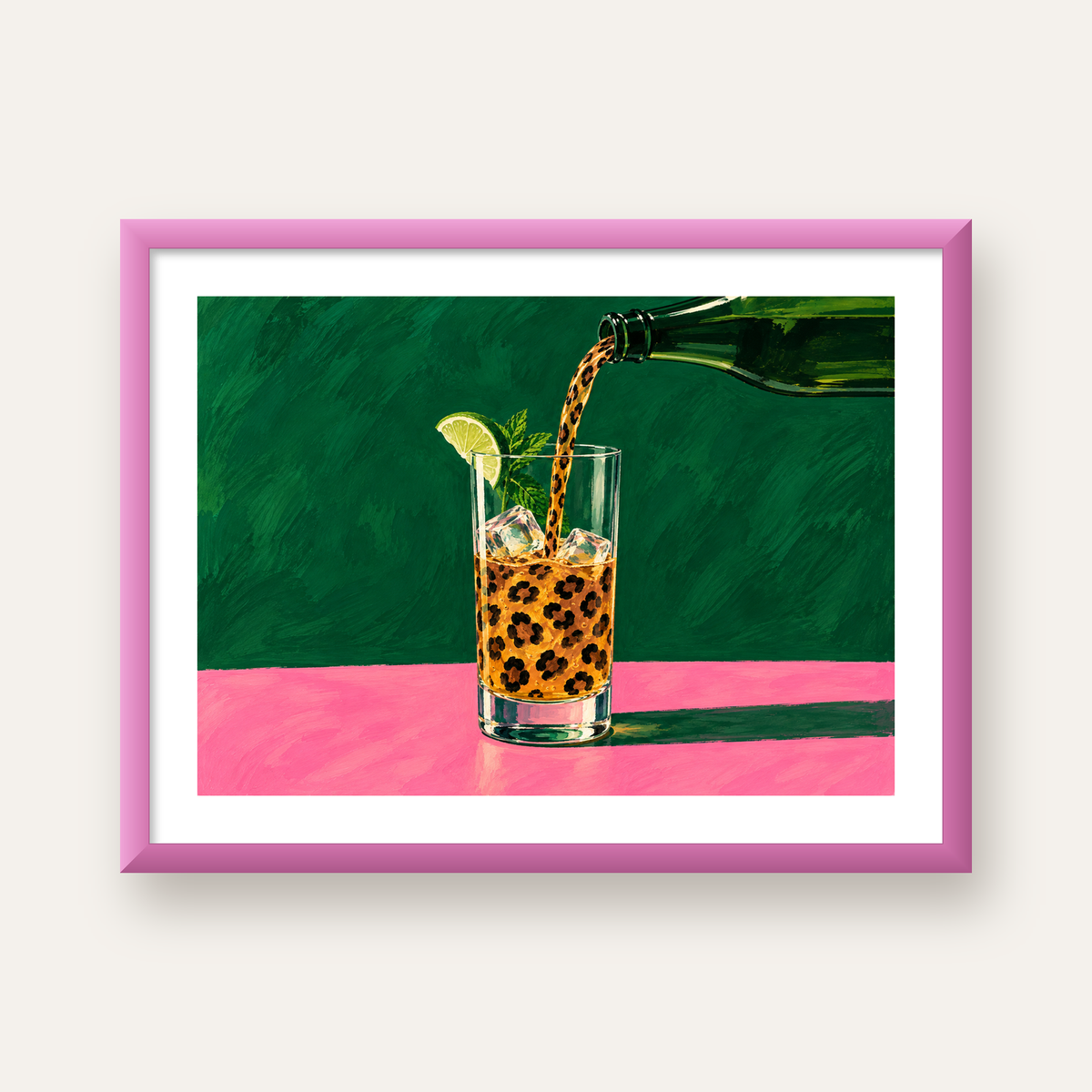 Leopar Desenli Limonlu İçecek Poster – Canlı Akrilik Sanat — pembe çerçeveli paspartulu
