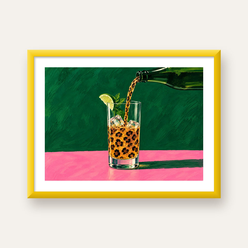 Leopar Desenli Limonlu İçecek Poster – Canlı Akrilik Sanat — sarı çerçeveli paspartulu