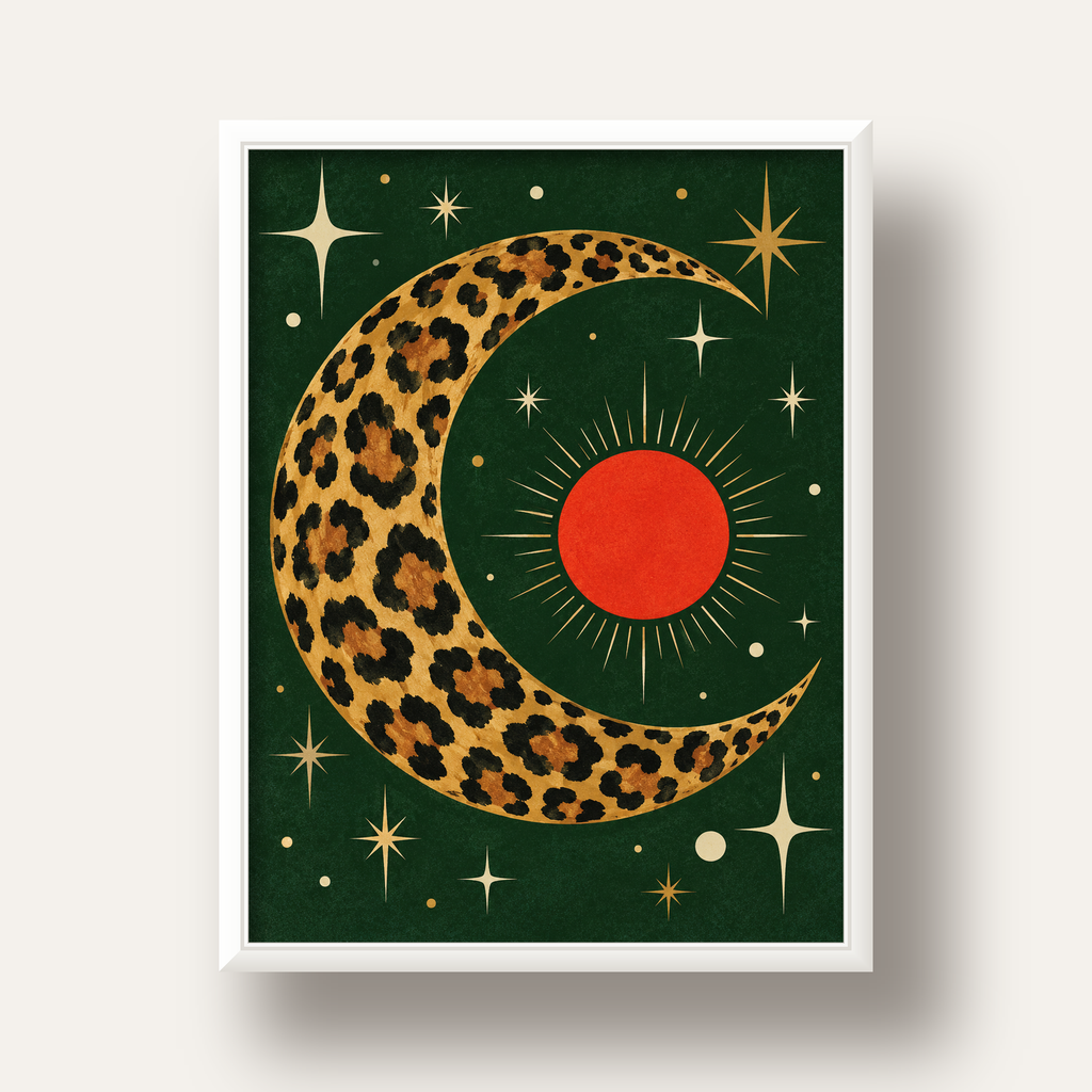Leopar Desenli Hilal Ay ve Güneş Retro Poster — beyaz derin çerçeveli