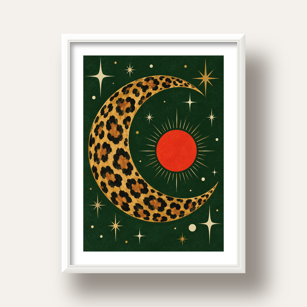 Leopar Desenli Hilal Ay ve Güneş Retro Poster — beyaz derin çerçeveli paspartulu