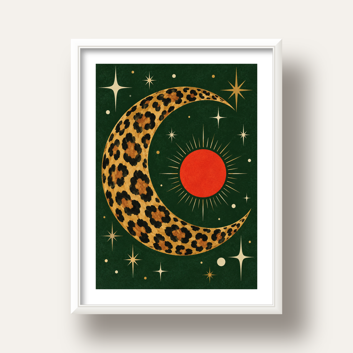 Leopar Desenli Hilal Ay ve Güneş Retro Poster — beyaz derin çerçeveli paspartulu