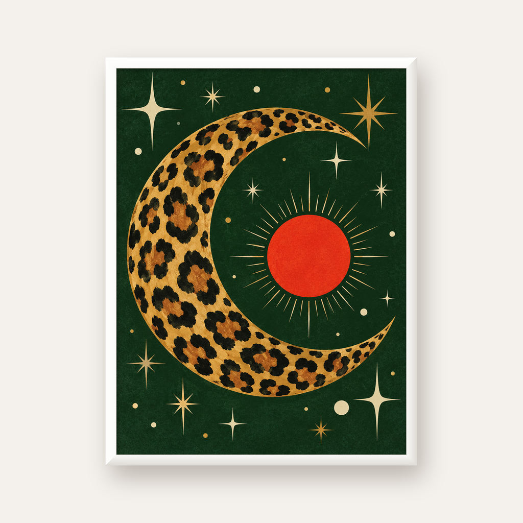 Leopar Desenli Hilal Ay ve Güneş Retro Poster — beyaz çerçeveli dikey poster