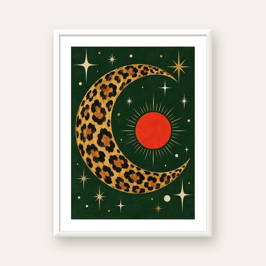 Leopar Desenli Hilal Ay ve Güneş Retro Poster — beyaz çerçeveli dikey poster