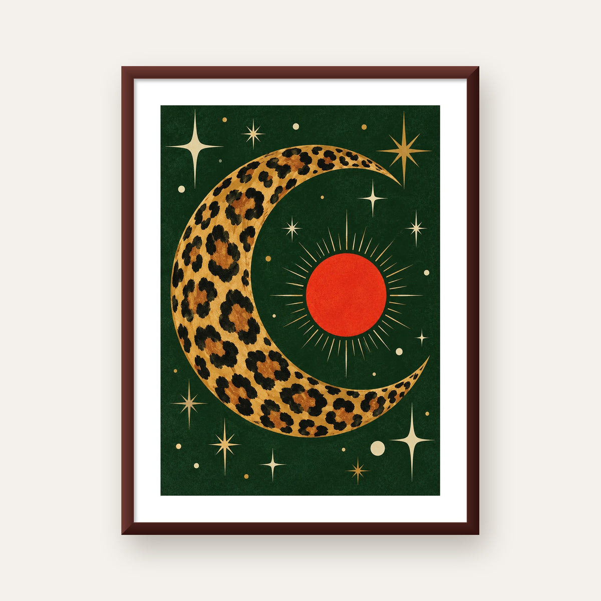 Leopar Desenli Hilal Ay ve Güneş Retro Poster — ceviz çerçeveli paspartulu