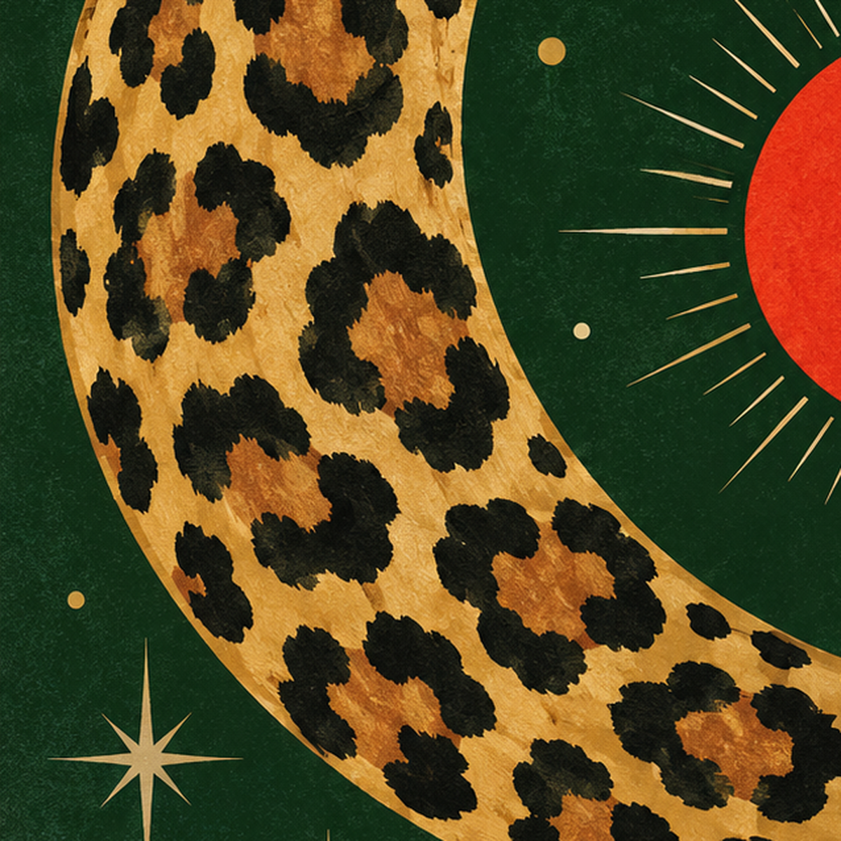 Leopar Desenli Hilal Ay ve Güneş Retro Poster — baskının yakın çekimi, kâğıt dokusu ve renk detayı
