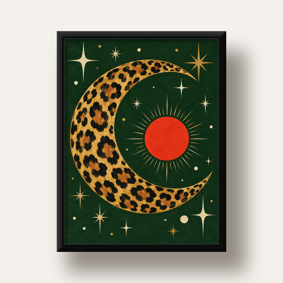 Leopar Desenli Hilal Ay ve Güneş Retro Poster — siyah derin çerçeveli