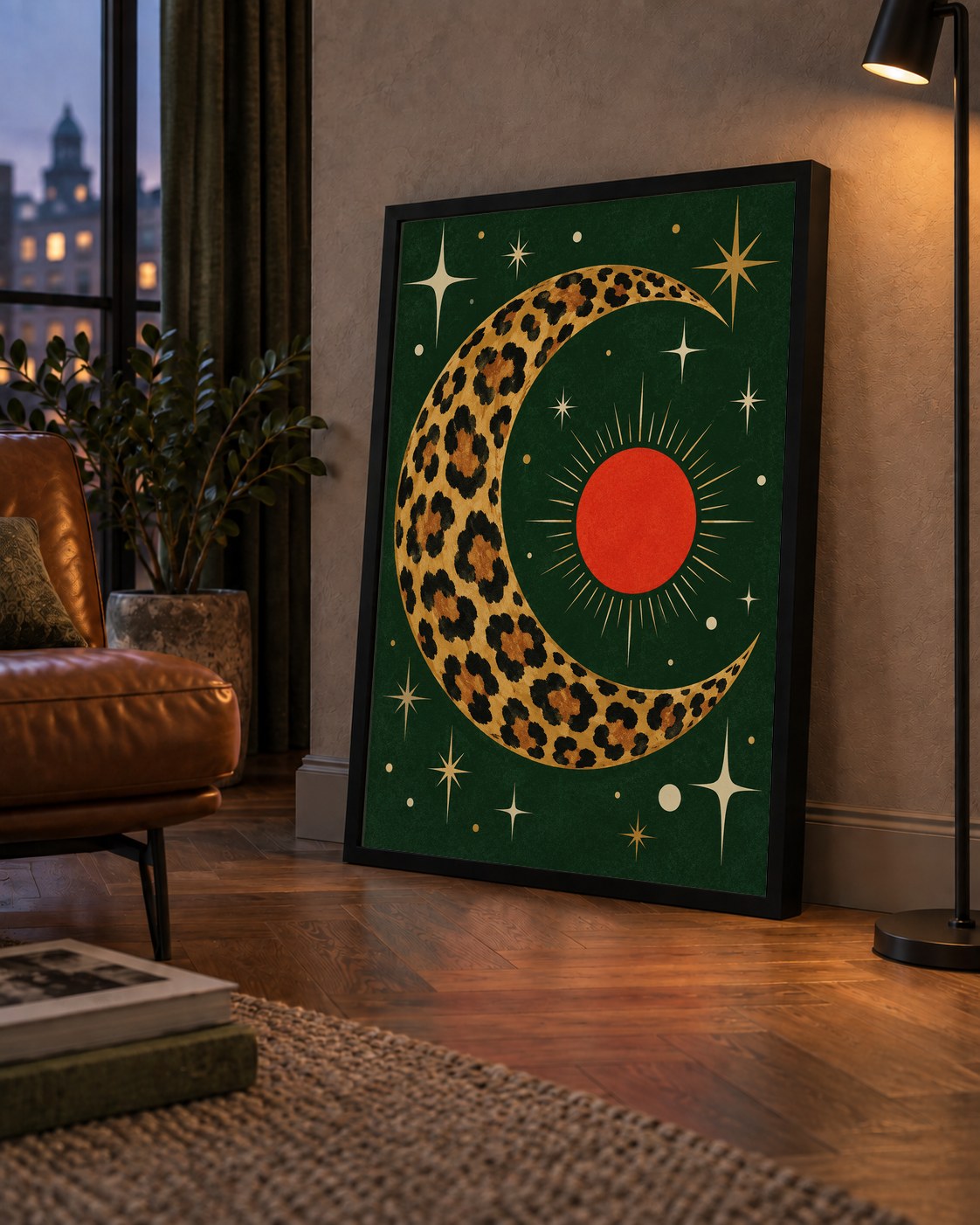 Leopar Desenli Hilal Ay ve Güneş Retro Poster — çerçeveli hâliyle bir ev duvarında