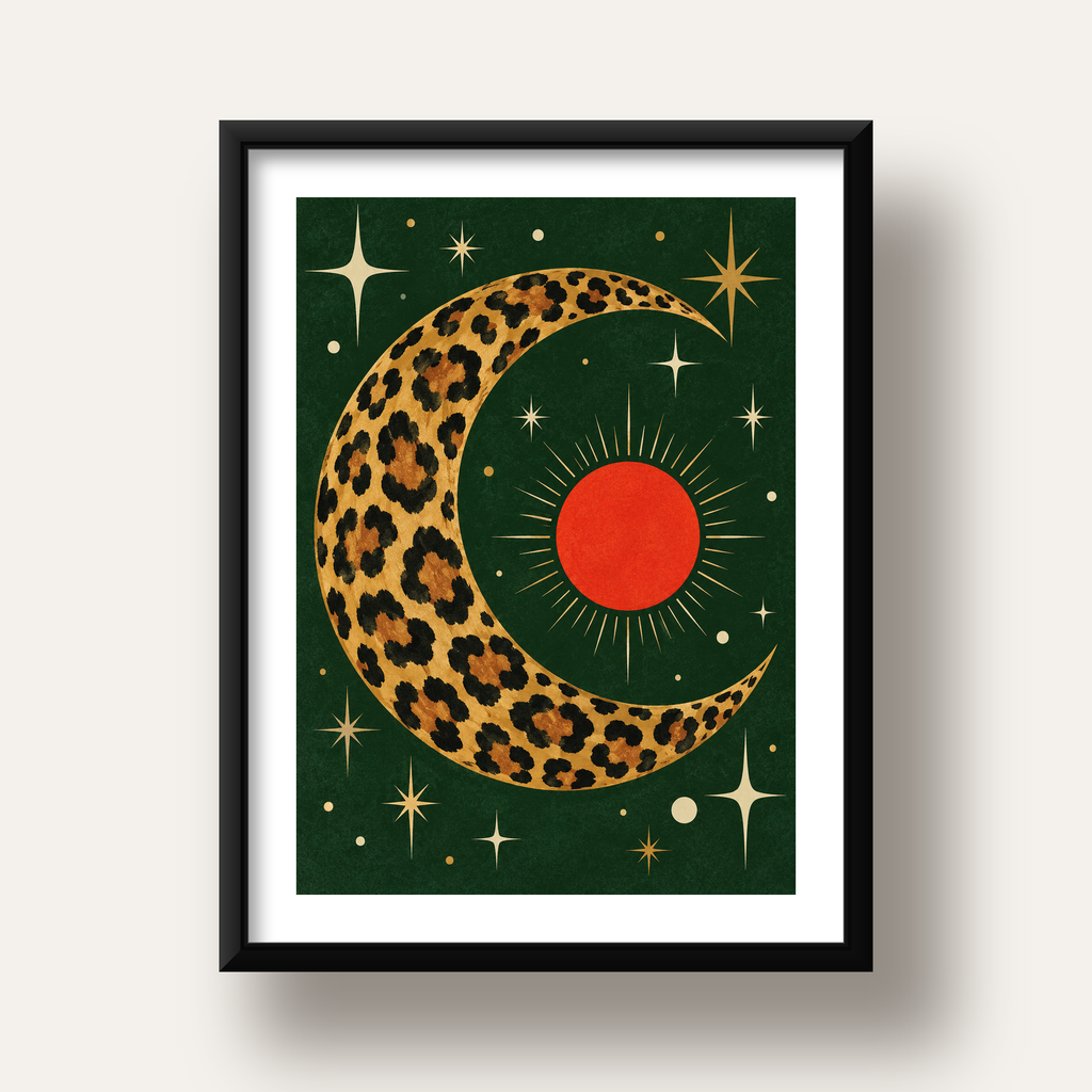 Leopar Desenli Hilal Ay ve Güneş Retro Poster — siyah derin çerçeveli paspartulu
