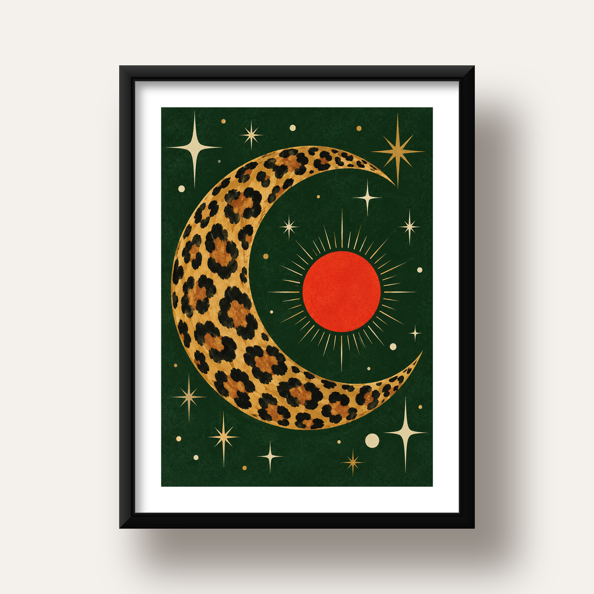 Leopar Desenli Hilal Ay ve Güneş Retro Poster — siyah derin çerçeveli paspartulu