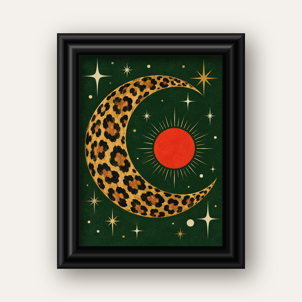 Leopar Desenli Hilal Ay ve Güneş Retro Poster — siyah galeri çerçeveli