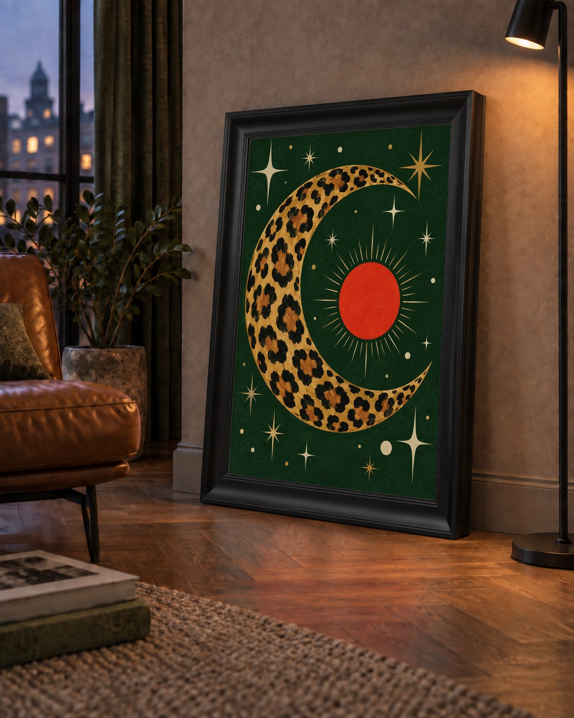 Leopar Desenli Hilal Ay ve Güneş Retro Poster — çerçeveli hâliyle bir ev duvarında