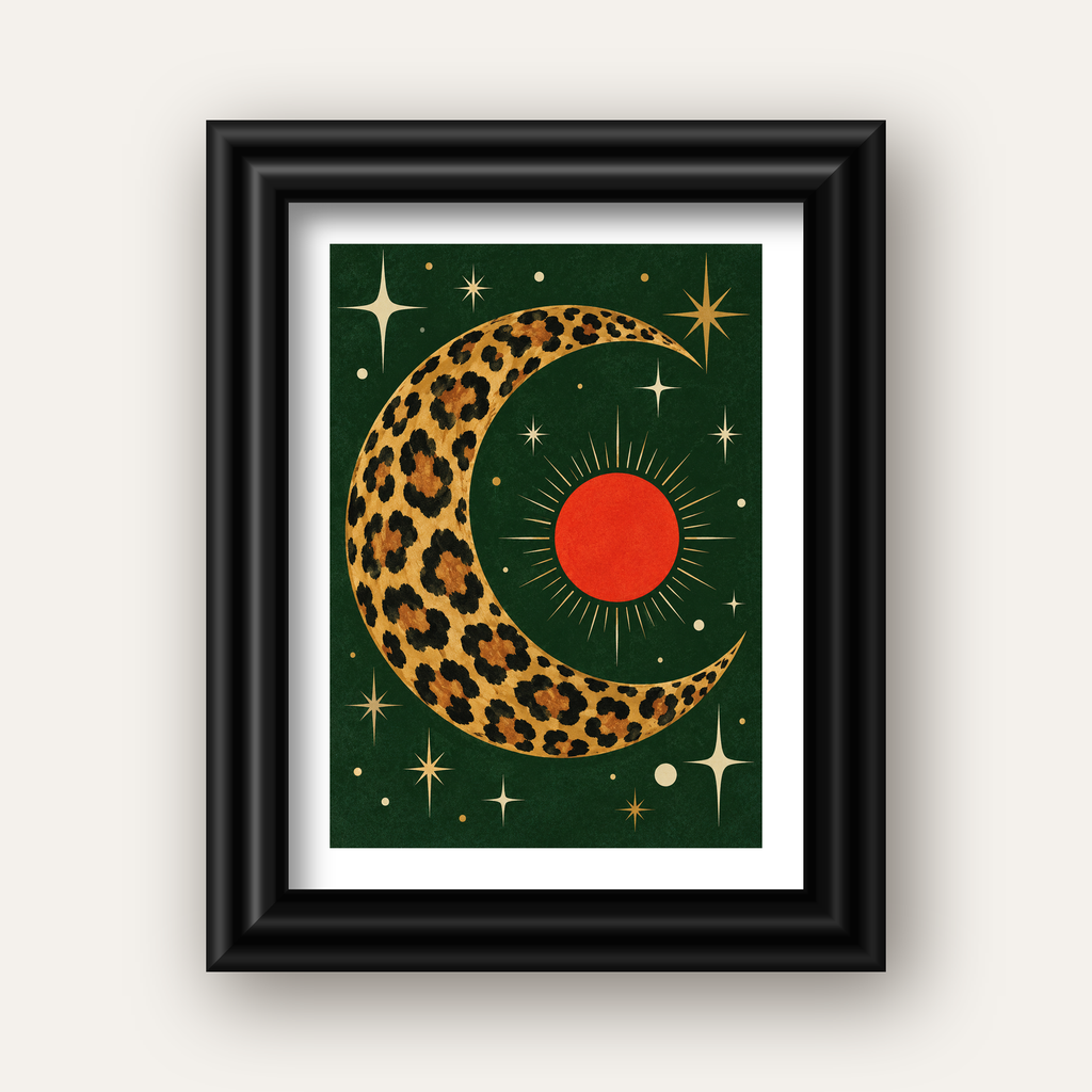 Leopar Desenli Hilal Ay ve Güneş Retro Poster — siyah galeri çerçeveli paspartulu
