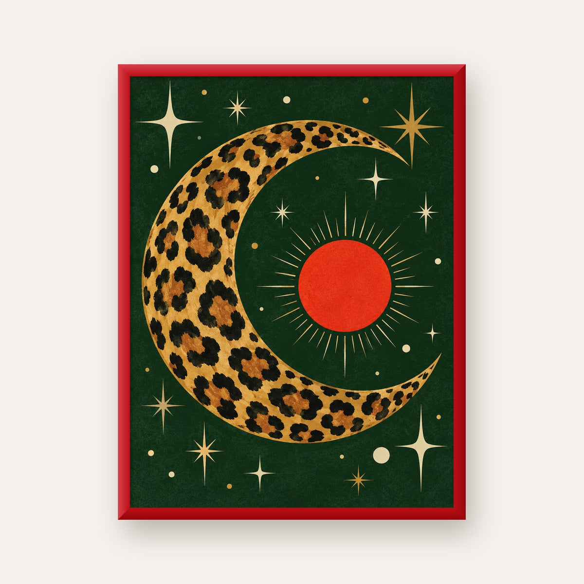 Leopar Desenli Hilal Ay ve Güneş Retro Poster — kırmızı çerçeveli