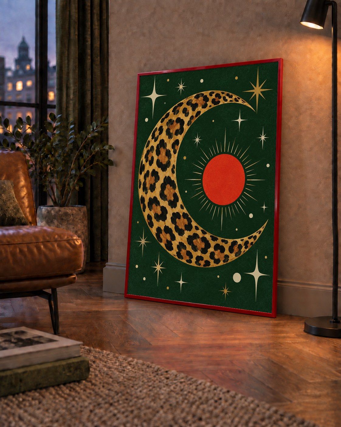 Leopar Desenli Hilal Ay ve Güneş Retro Poster — çerçeveli hâliyle bir ev duvarında