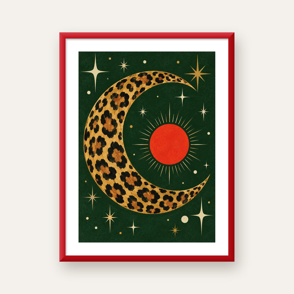Leopar Desenli Hilal Ay ve Güneş Retro Poster — kırmızı çerçeveli paspartulu