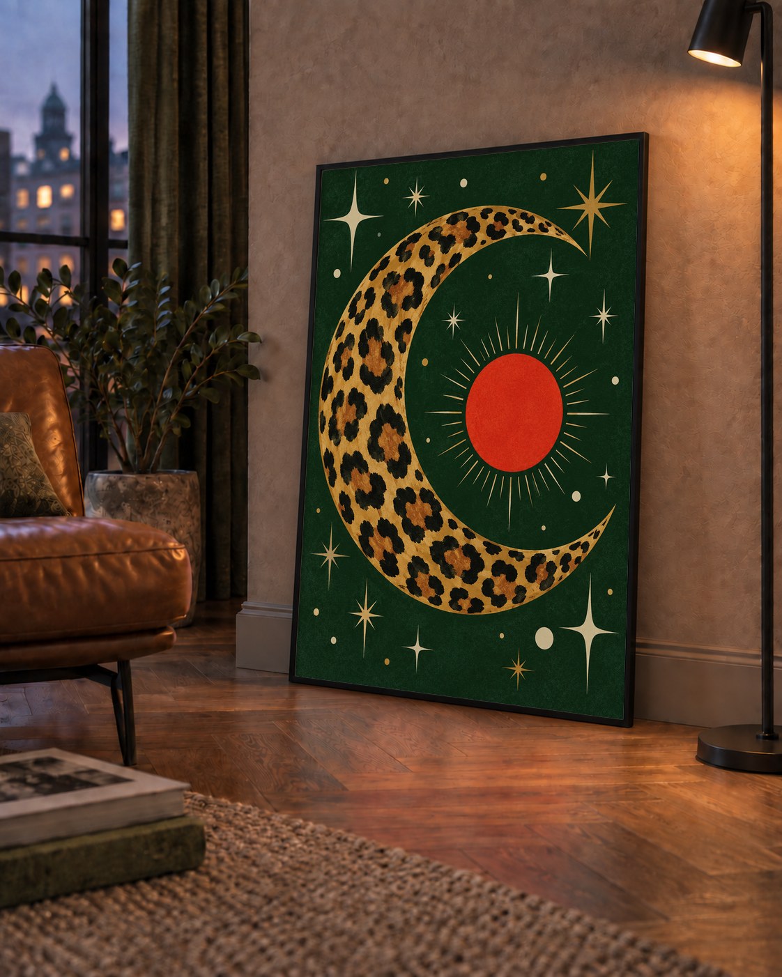 Leopar Desenli Hilal Ay ve Güneş Retro Poster — çerçeveli hâliyle bir ev duvarında
