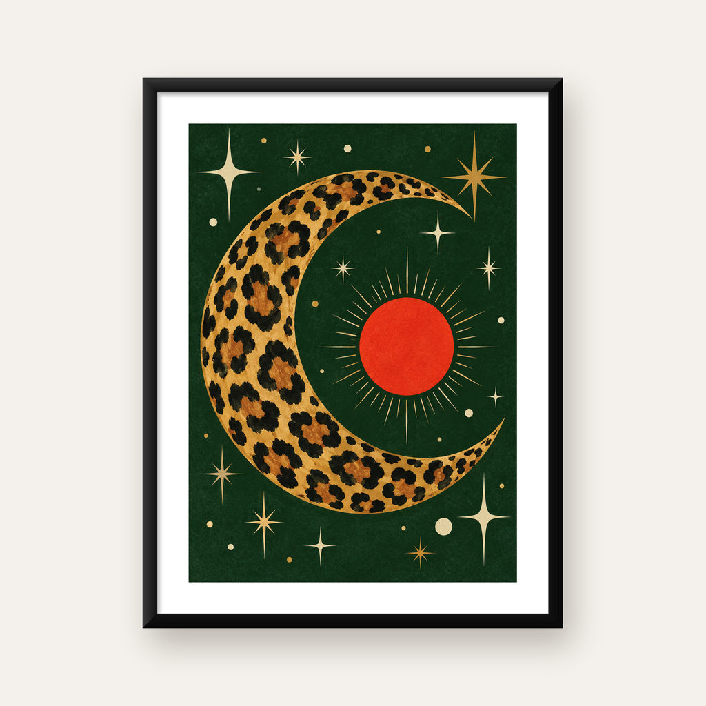 Leopar Desenli Hilal Ay ve Güneş Retro Poster — Dikey baskı, beyaz paspartulu