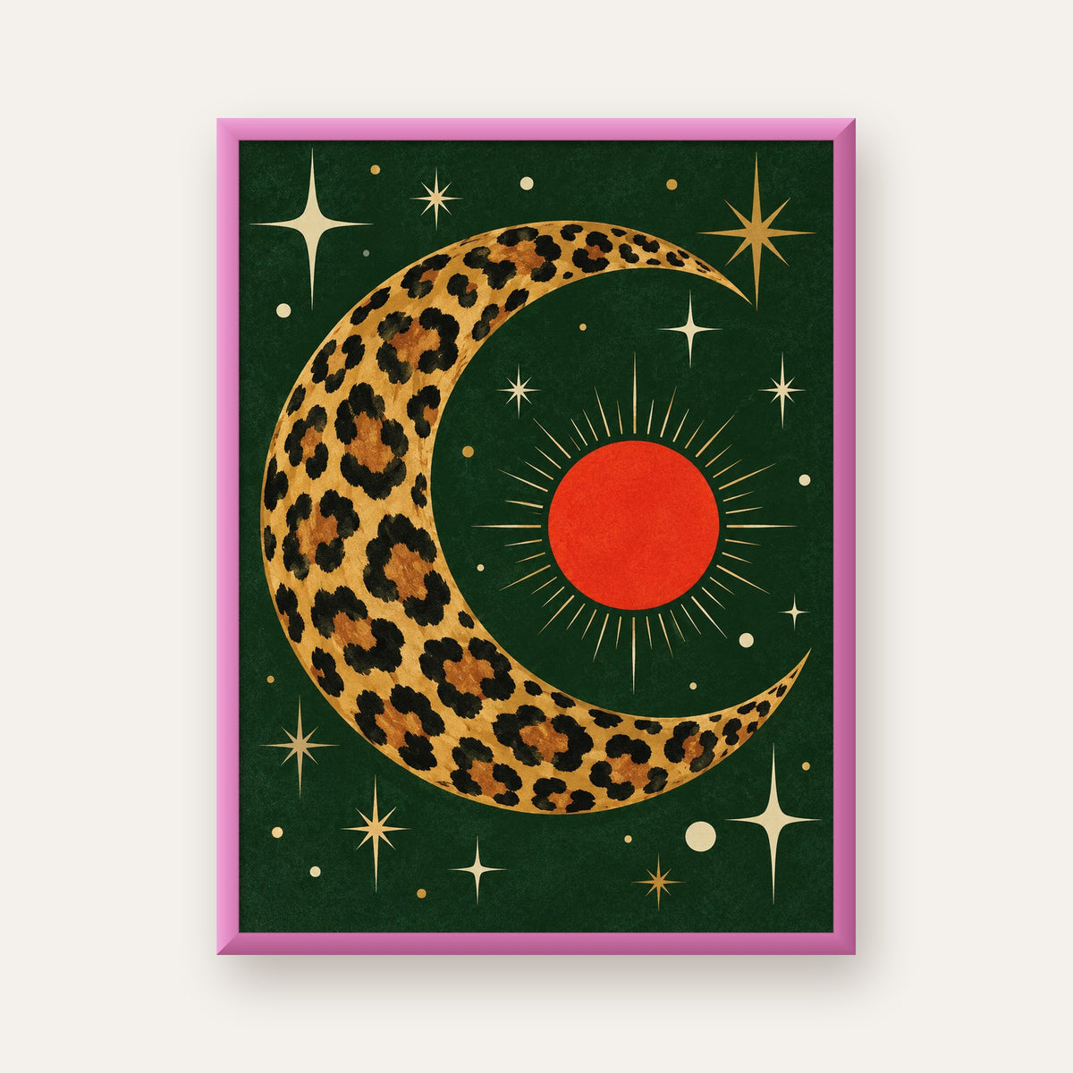Leopar Desenli Hilal Ay ve Güneş Retro Poster — pembe çerçeveli
