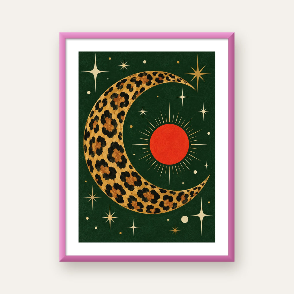 Leopar Desenli Hilal Ay ve Güneş Retro Poster — pembe çerçeveli paspartulu