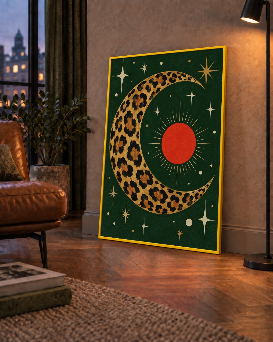 Leopar Desenli Hilal Ay ve Güneş Retro Poster — çerçeveli hâliyle bir ev duvarında