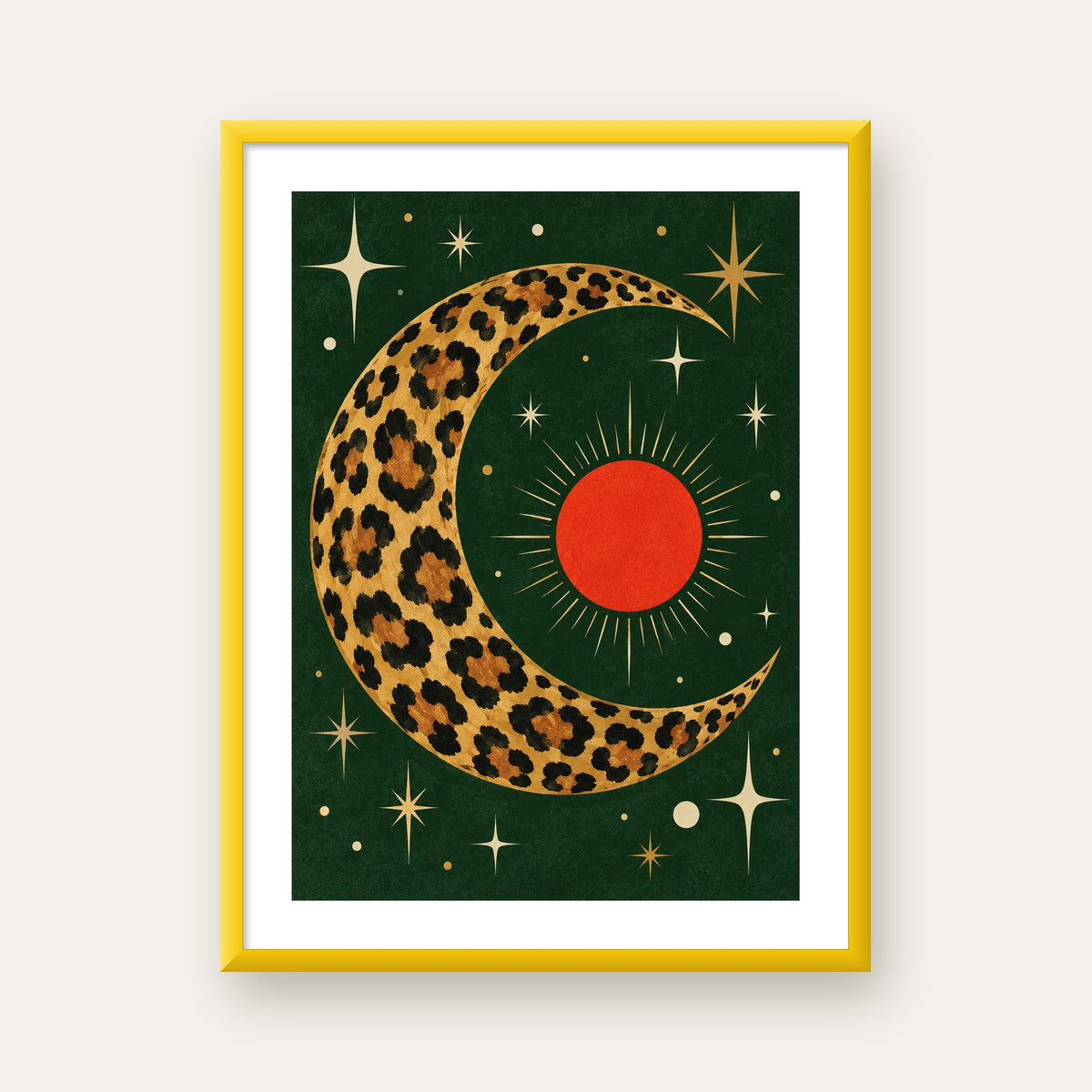 Leopar Desenli Hilal Ay ve Güneş Retro Poster — sarı çerçeveli paspartulu