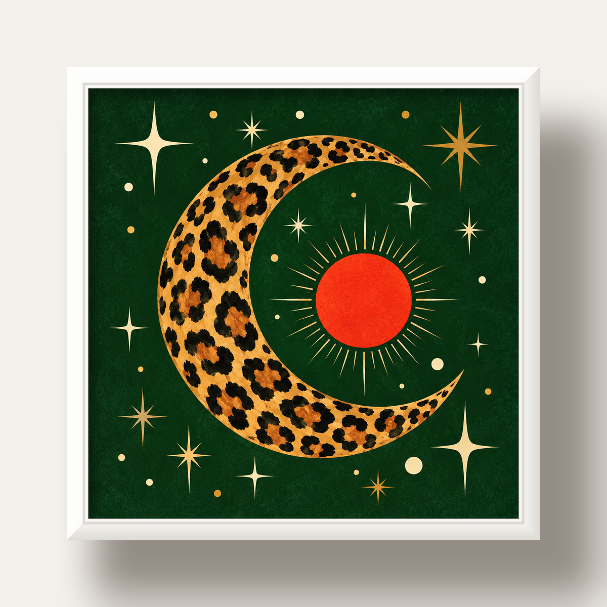Leopar Desenli Hilal Ay ve Güneş Retro Poster — beyaz derin çerçeveli