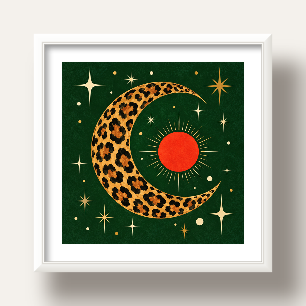 Leopar Desenli Hilal Ay ve Güneş Retro Poster — beyaz derin çerçeveli paspartulu