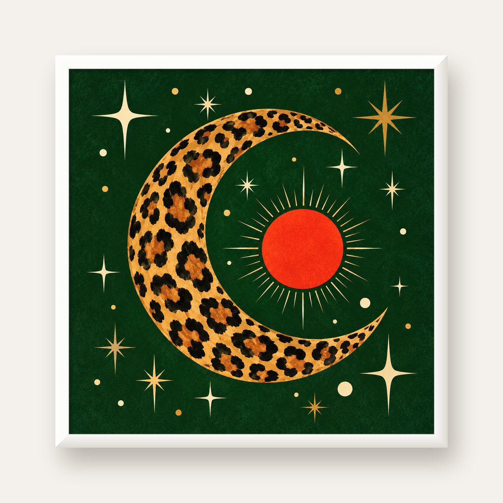 Leopar Desenli Hilal Ay ve Güneş Retro Poster — beyaz çerçeveli kare poster