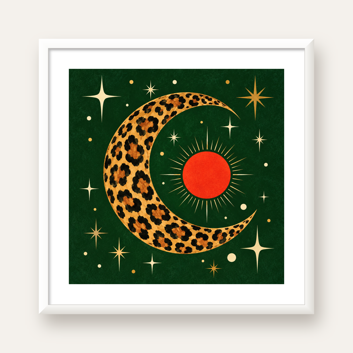Leopar Desenli Hilal Ay ve Güneş Retro Poster — beyaz çerçeveli kare poster