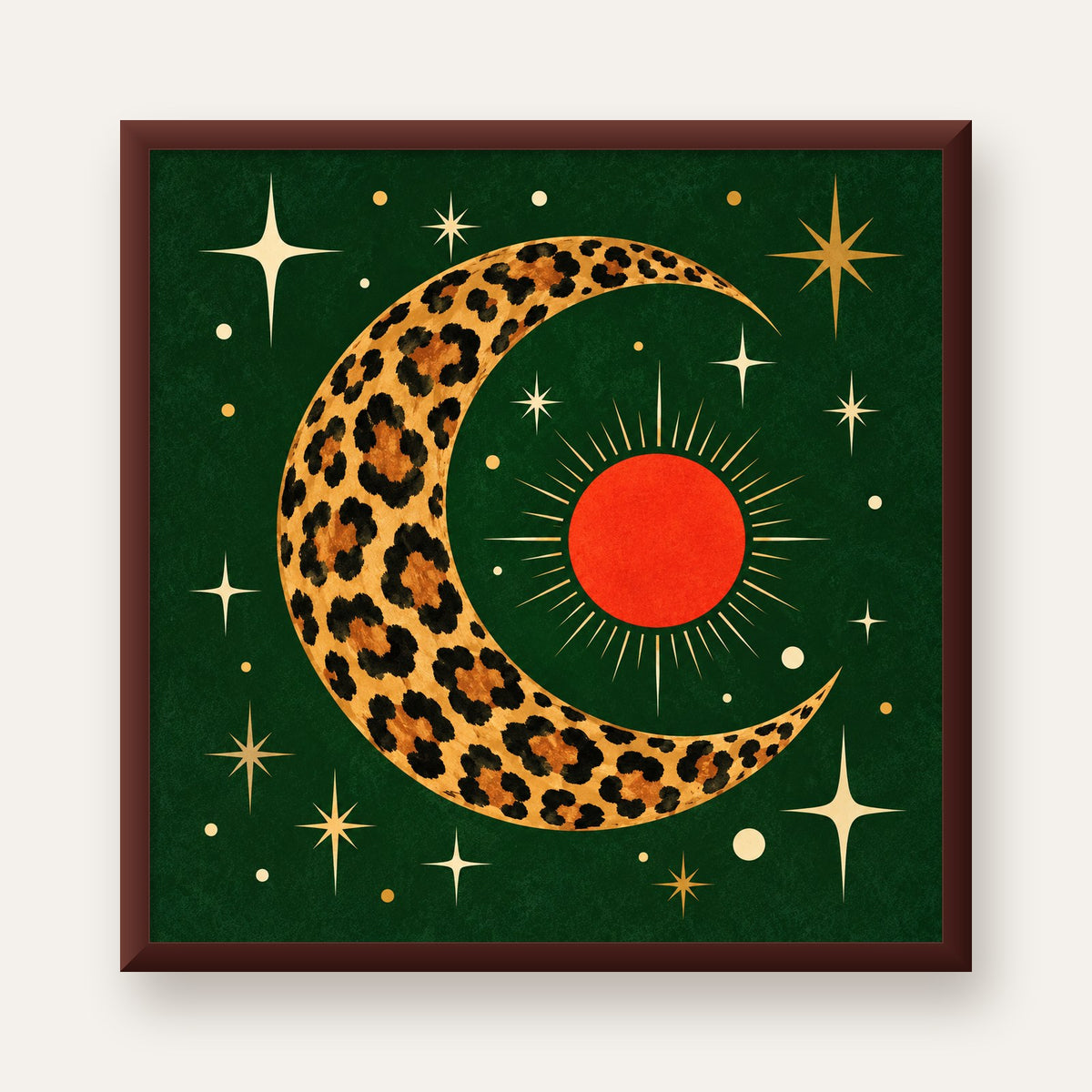 Leopar Desenli Hilal Ay ve Güneş Retro Poster — ceviz çerçeveli