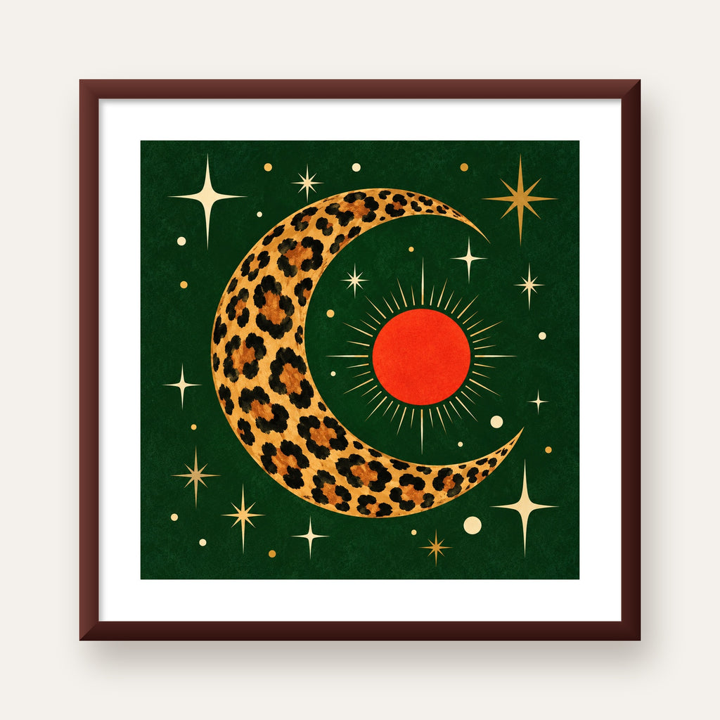 Leopar Desenli Hilal Ay ve Güneş Retro Poster — ceviz çerçeveli paspartulu