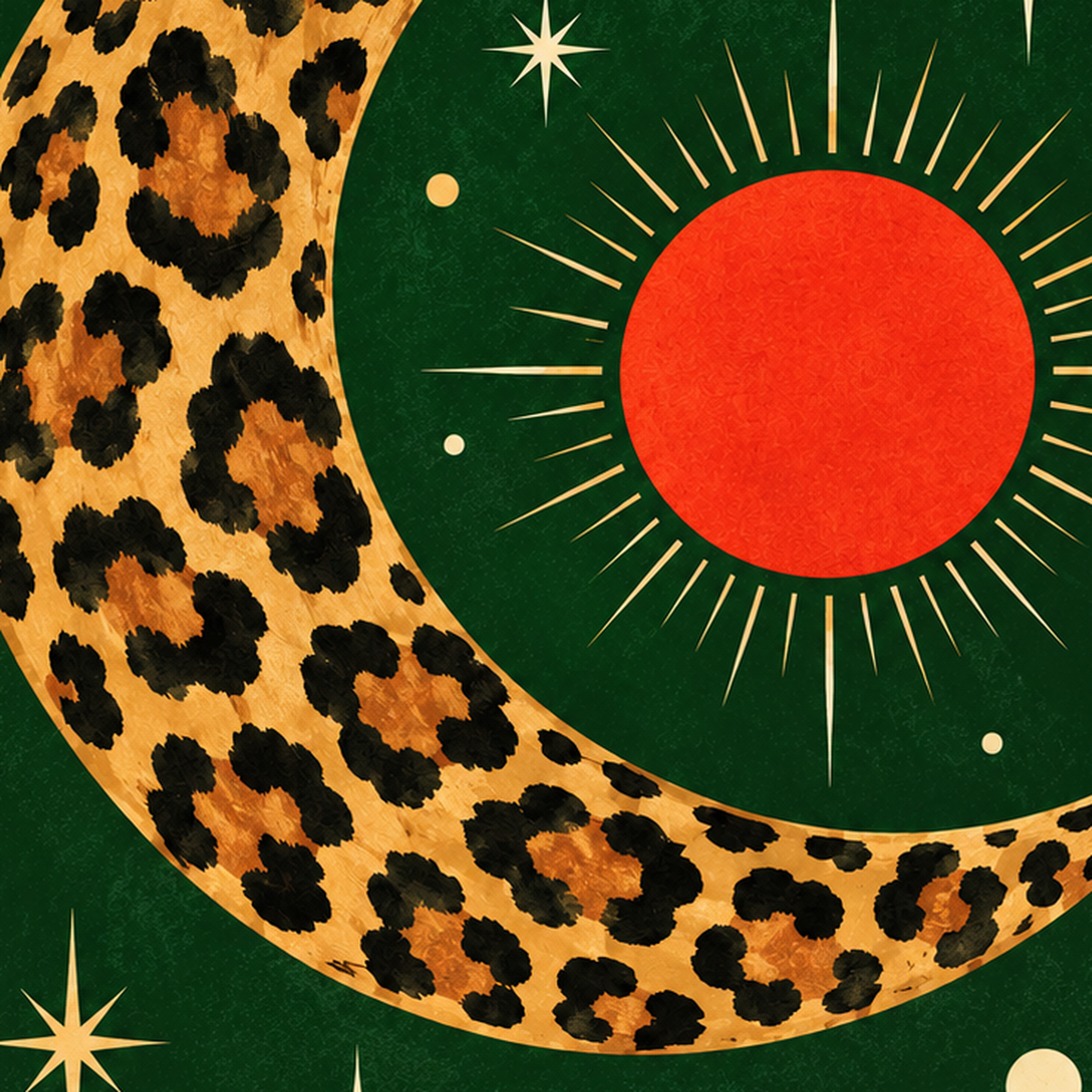Leopar Desenli Hilal Ay ve Güneş Retro Poster — baskının yakın çekimi, kâğıt dokusu ve renk detayı