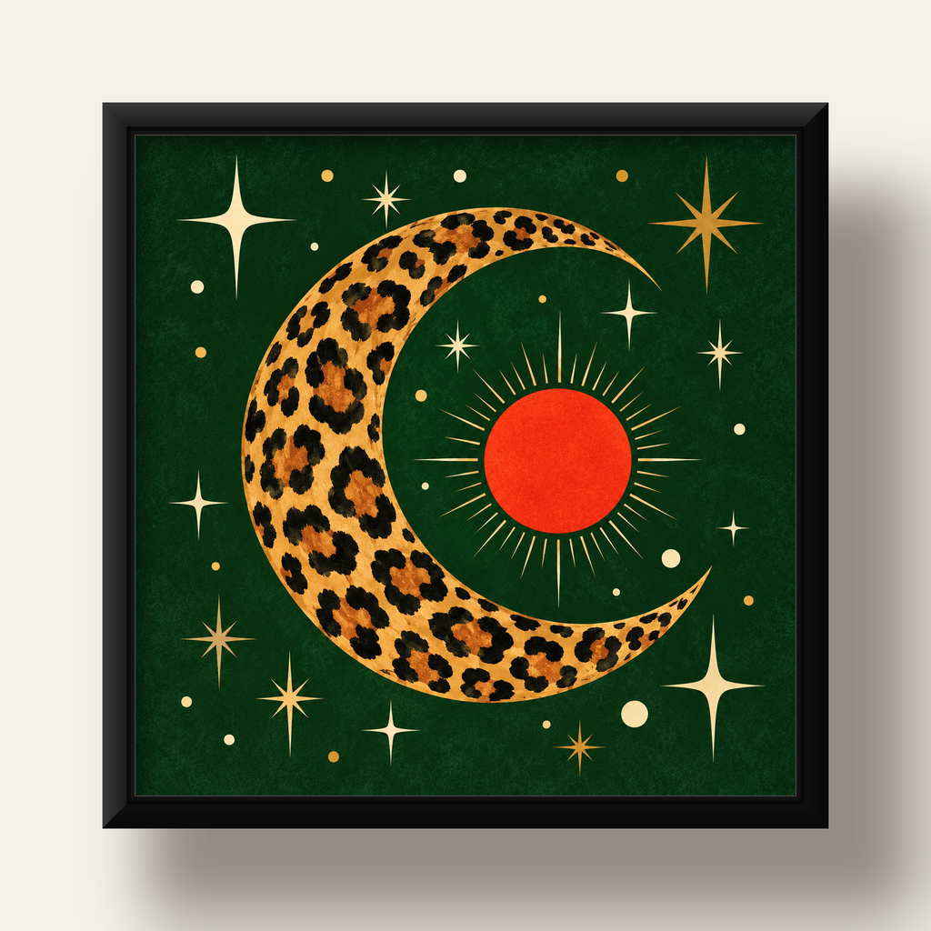 Leopar Desenli Hilal Ay ve Güneş Retro Poster — siyah derin çerçeveli