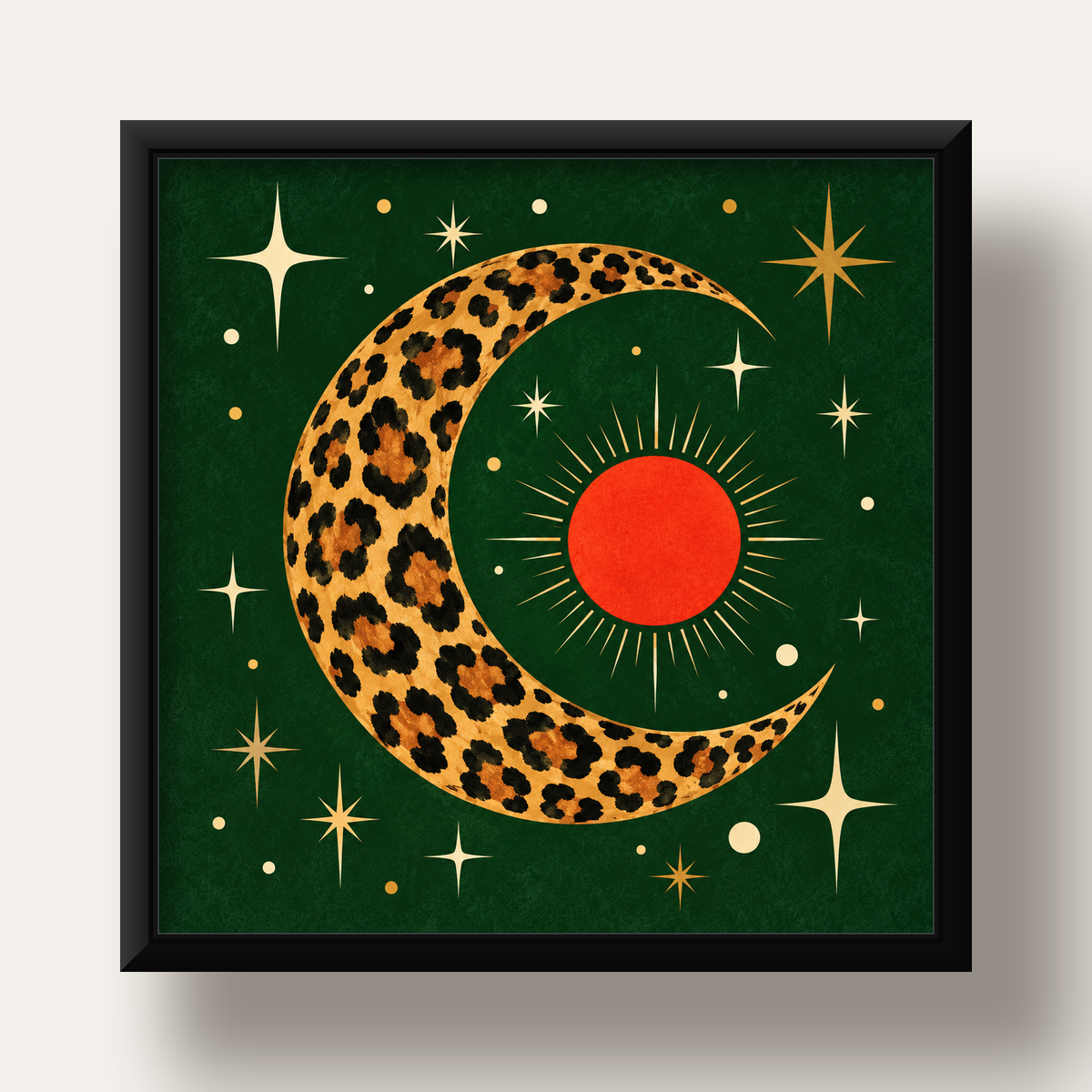 Leopar Desenli Hilal Ay ve Güneş Retro Poster — siyah derin çerçeveli