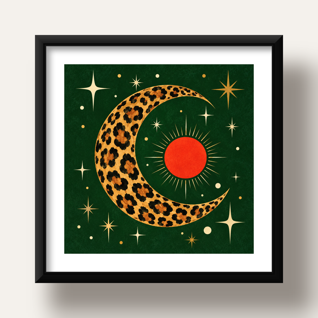Leopar Desenli Hilal Ay ve Güneş Retro Poster — siyah derin çerçeveli paspartulu