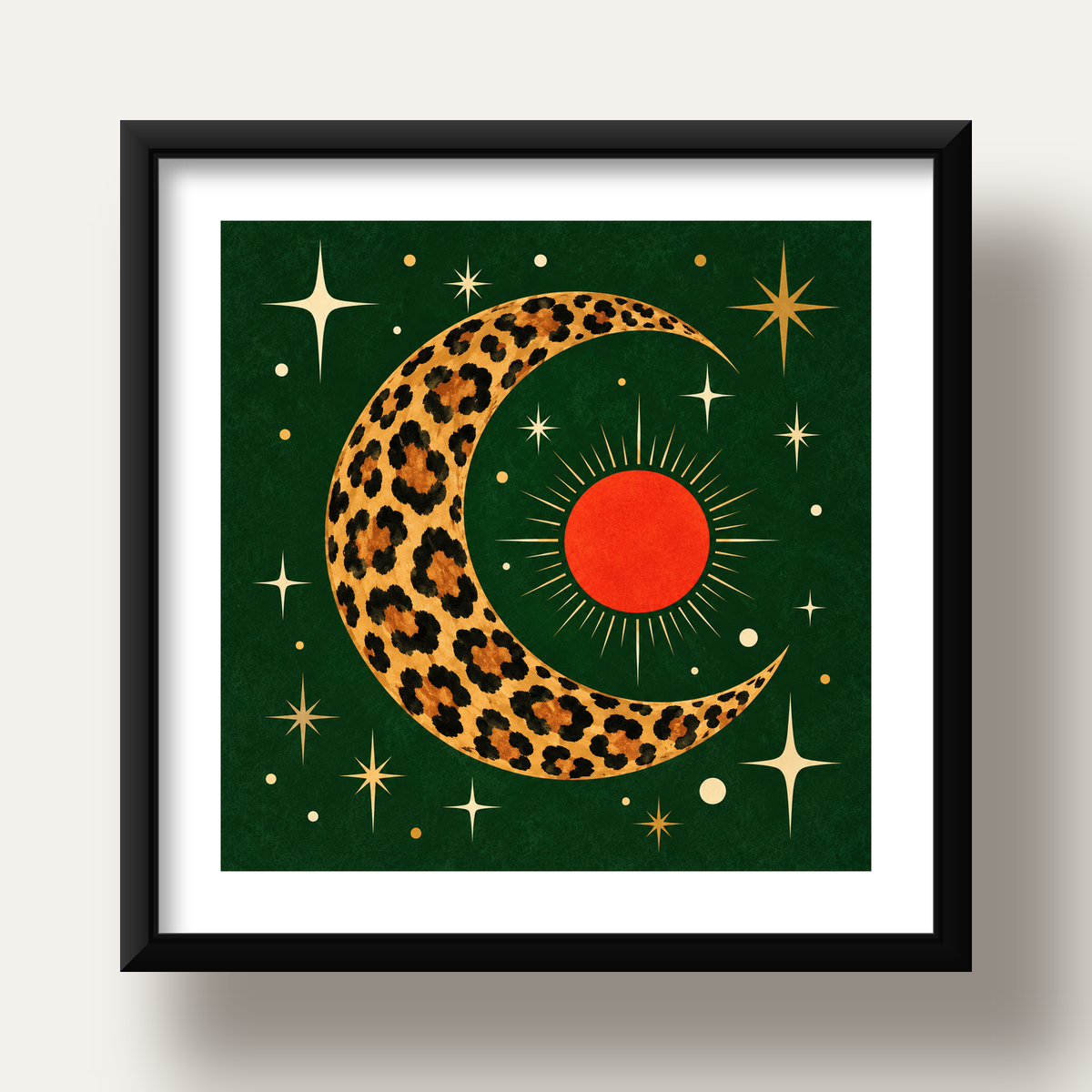 Leopar Desenli Hilal Ay ve Güneş Retro Poster — siyah derin çerçeveli paspartulu
