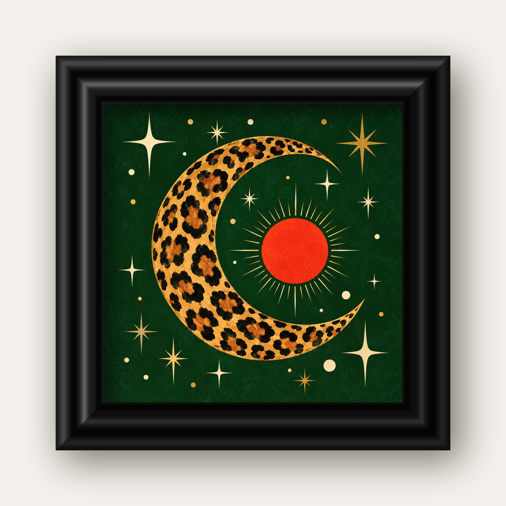 Leopar Desenli Hilal Ay ve Güneş Retro Poster — siyah galeri çerçeveli