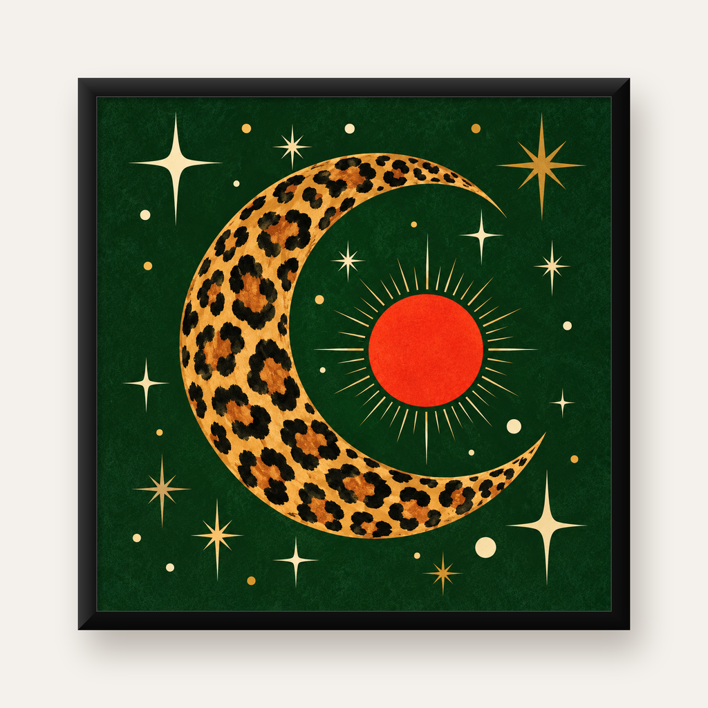 Leopar Desenli Hilal Ay ve Güneş Retro Poster — Kare baskı, düz siyah çerçeveli duvar posteri